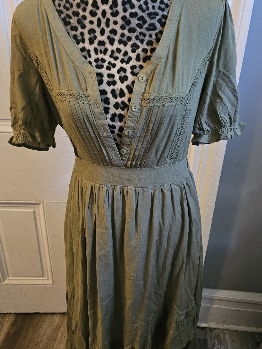 Baltic Born Olive Green V-Neck Midi Dress with Lace Insets